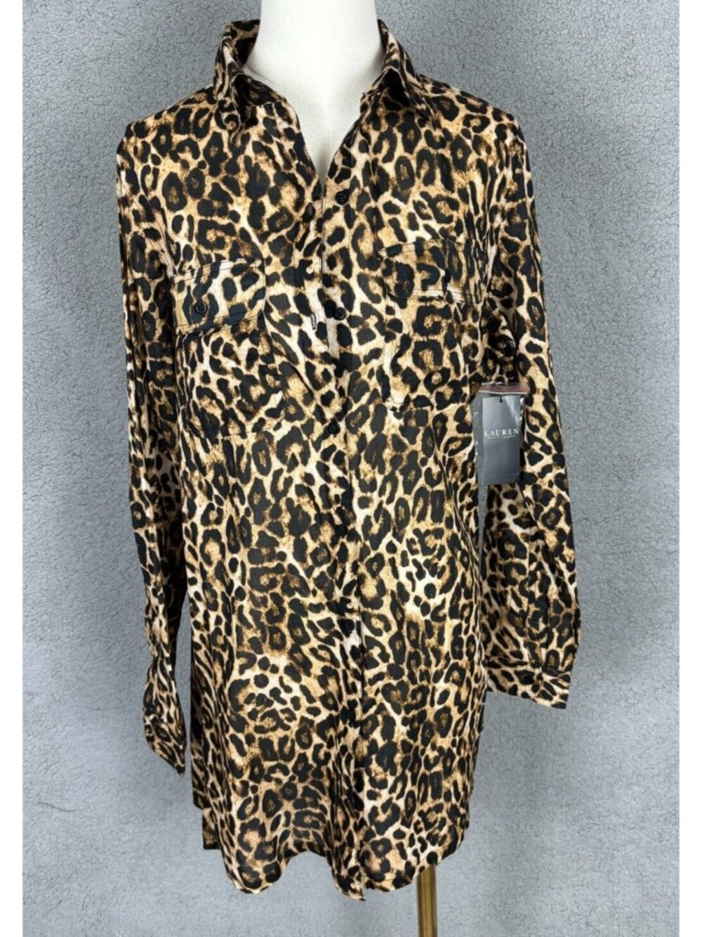 Lauren Ralph Lauren Womens Oversized Camp Shirt Cover Up Leopard Print Med NWTs.
